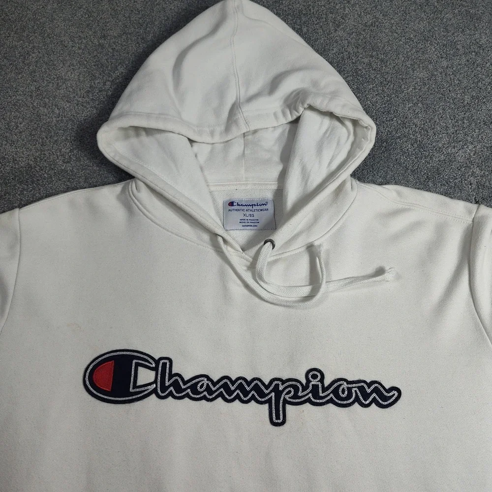 Champion Hoodie Mens XL Powerblend Pullover White Logo Good